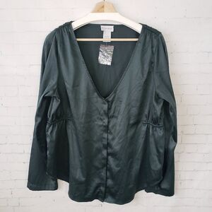 Soft Surroundings Satin Blouse Top Size L Deep V-Neck Forest Green Button Front
